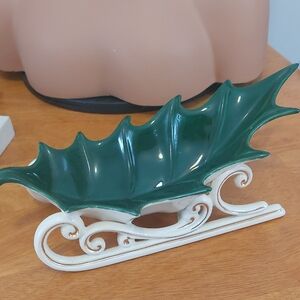 1977 Ceramic Holly Leaf Candy Dish Atlantic Ceramics Mold 11"